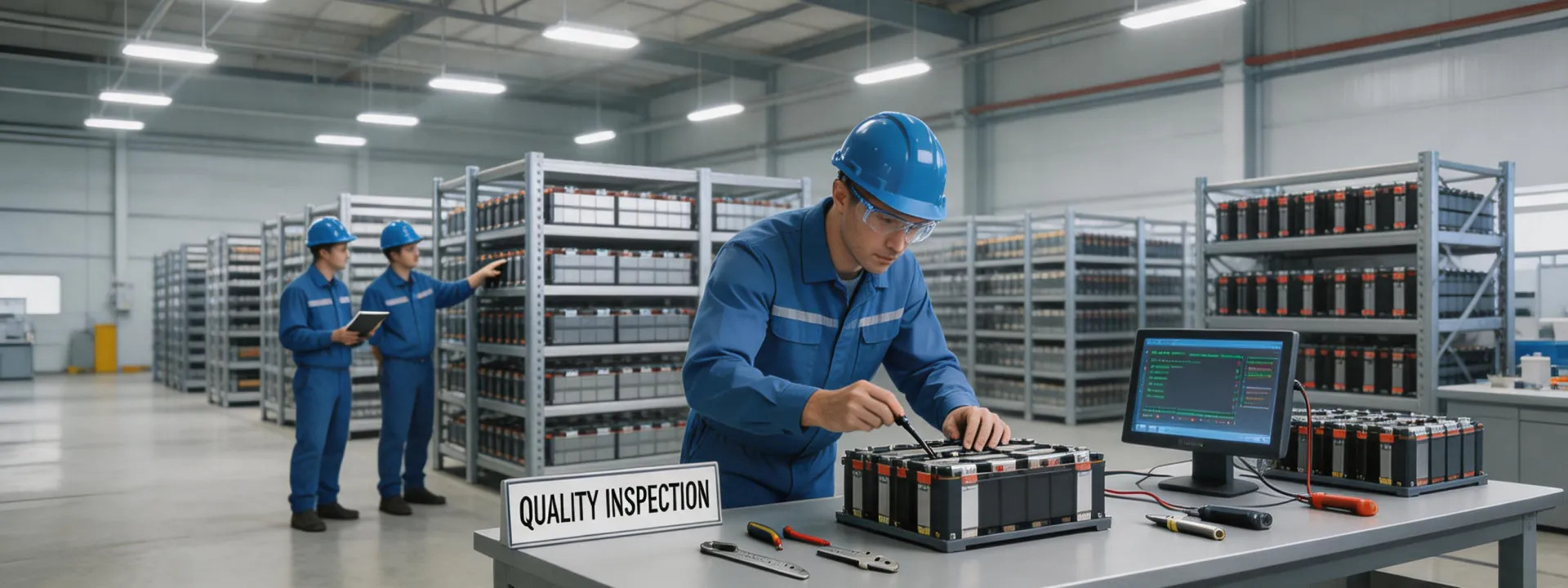 Battery engineering team in a manufacturing facility
