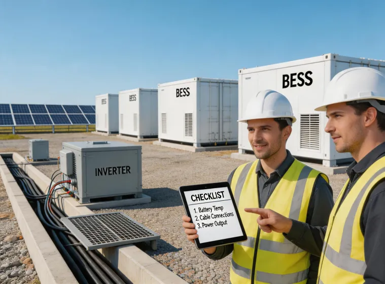 Engineers inspecting battery storage containers
